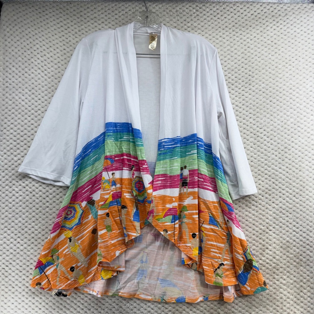 A Walk in the Park Cardigan Women S White Beach Graphic Open Front 3/4 Sleeve